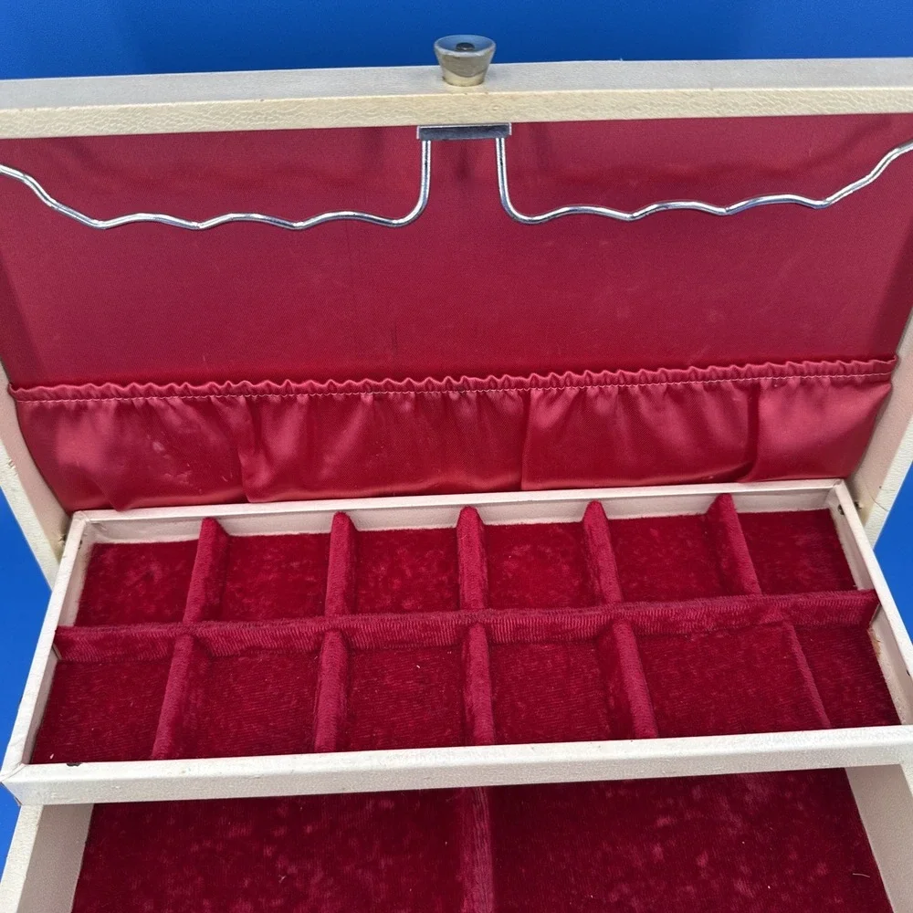 Vintage Jewelry Box Two Tier Cream with Red Velvet Lining